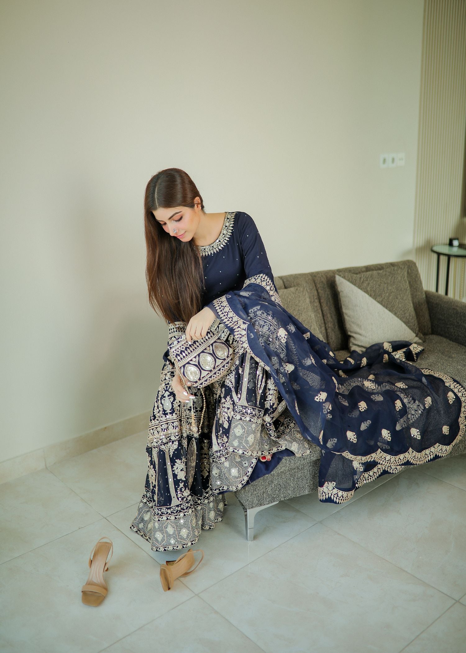 Formal Dark Blue Organza Wedding Guest Suit Online in Sri Lanka India Australia
