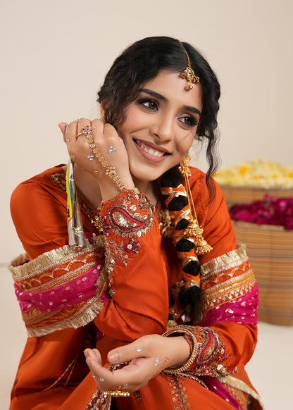 Formal Embellished Sharara Rust Orange Raw Silk Online in Dubai UAE Abudhabi Ajman Sharjah