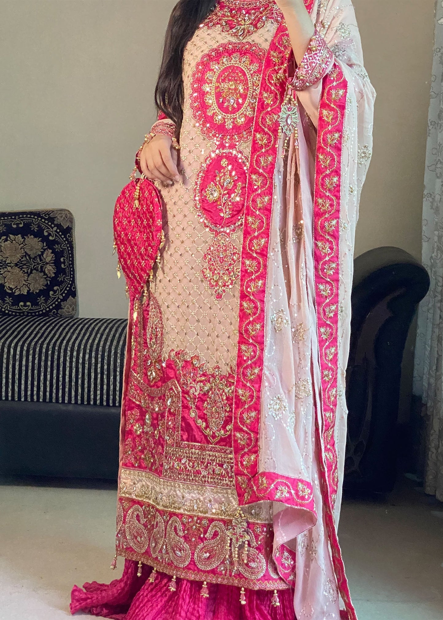 Formal Light Pink Embroidered Sharara Suit Online in KSA Riyadh Saudi Arabia Oman Bahrain Qatar