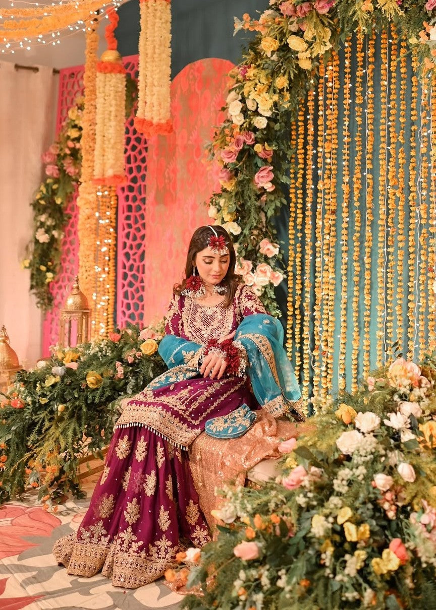 Formal Magenta Embroidered Chiffon Gharara Online in Dubai UAE Abudhabi Ajman Sharjah