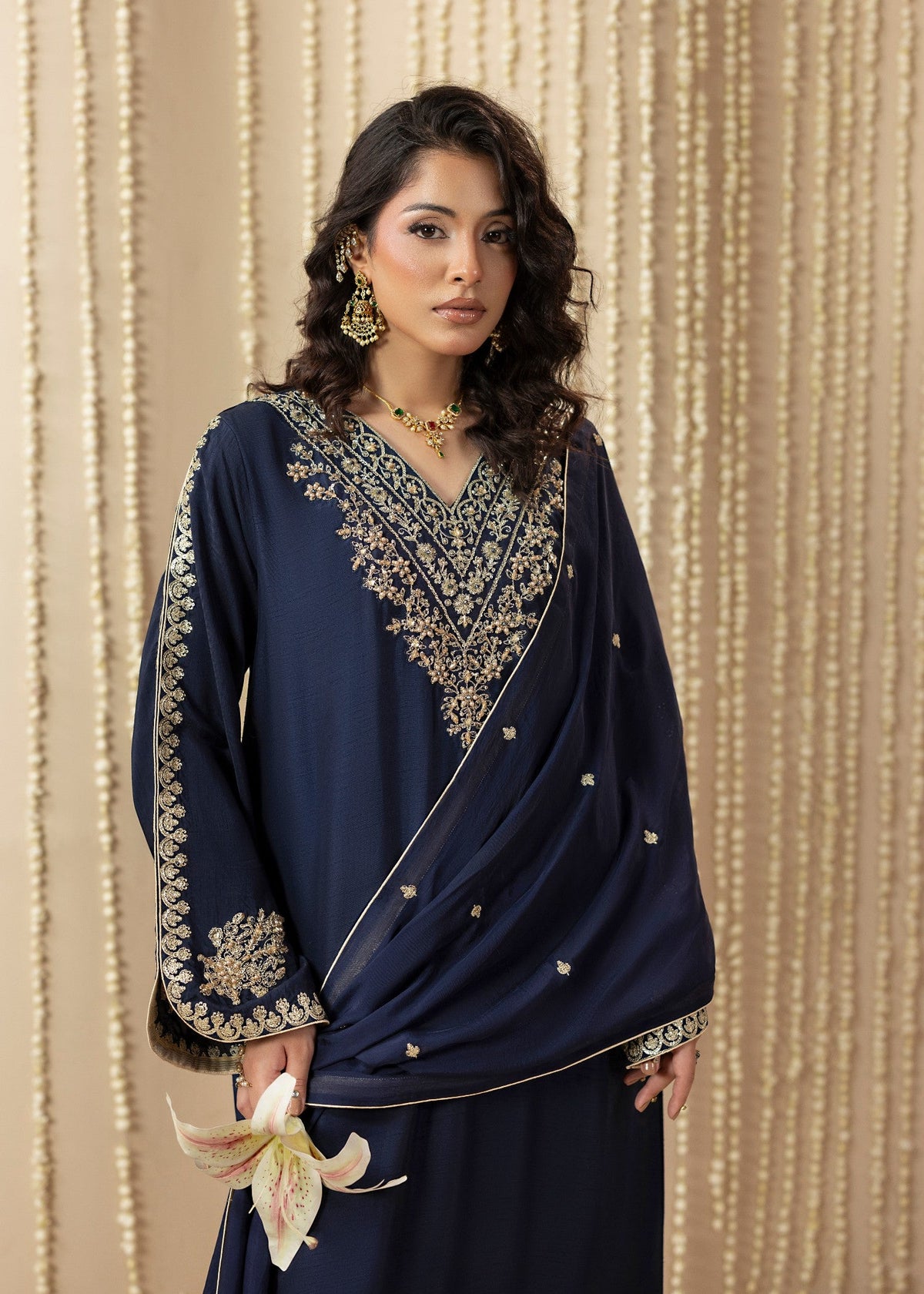 Formal Midnight Blue Silk Kaftan with Dupatta Online in Dubai UAE Abudhabi Ajman Sharjah