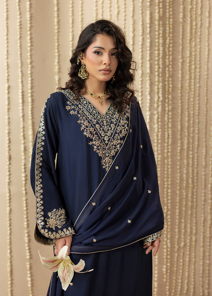 Formal Midnight Blue Silk Kaftan with Dupatta Online in Dubai UAE Abudhabi Ajman Sharjah