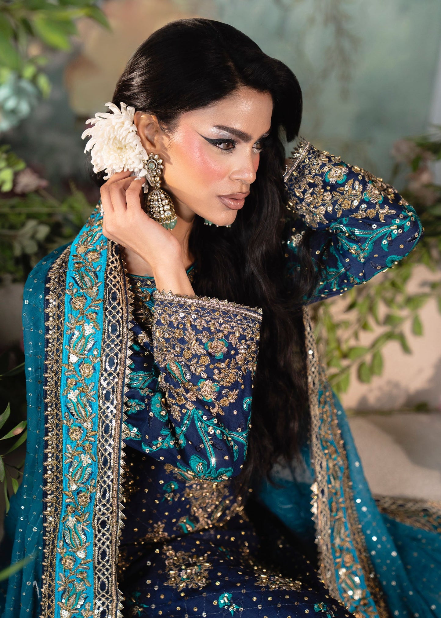 Formal Navy Blue Chiffon Embellished Suit Online in UK USA Canada