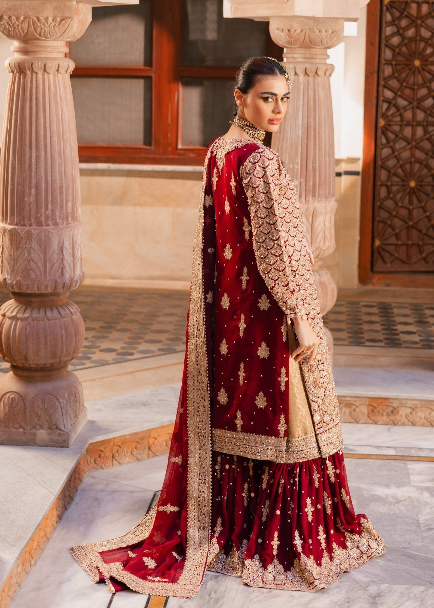Formal Red Chiffon Pakistani Suit with Sitara Embroidery Online in Dubai DXB UAE Abudhabi Meena Bazaar
