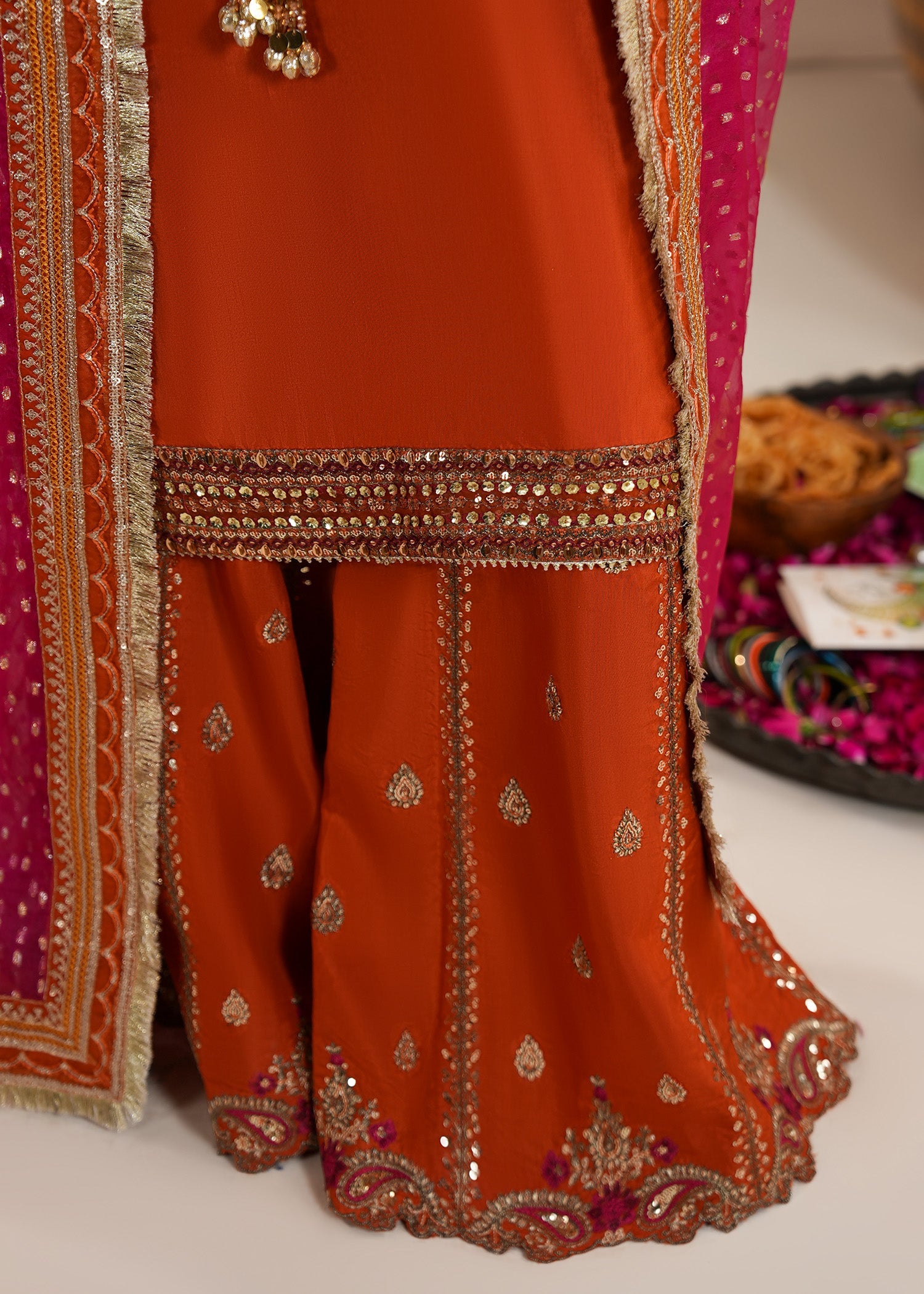 Formal Rust Orange Raw Silk Sharara with Dupatta Online in Sri Lanka India Australia