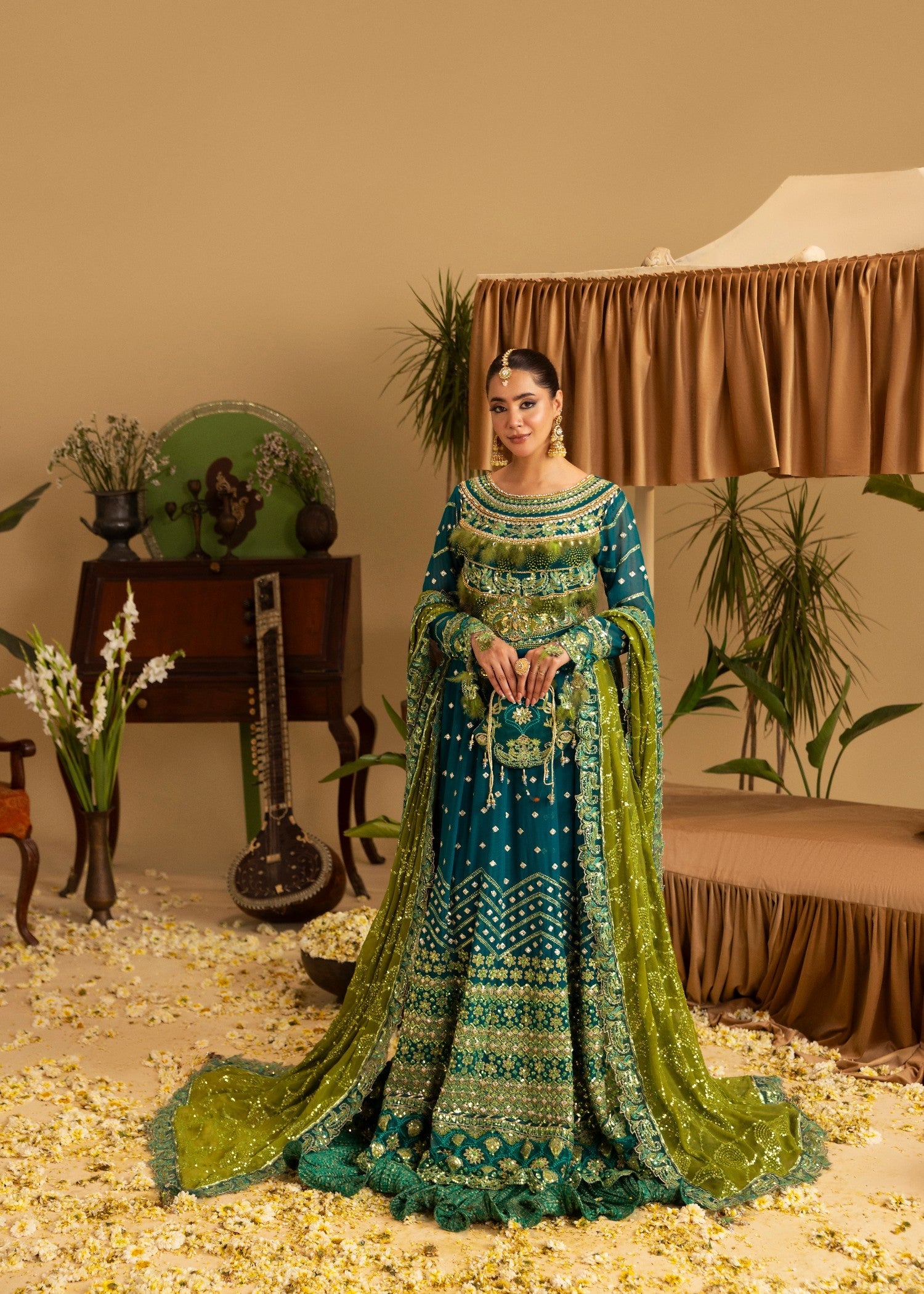 Formal Teal Chiffon Suit with Raw Silk Trouser Online in Sri Lanka India Australia