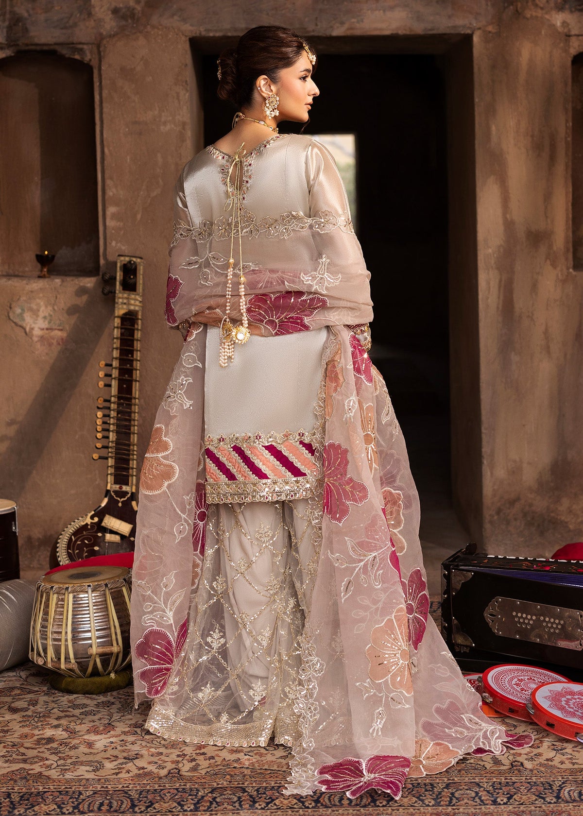 Formal Wedding Guest Silver Embroidered Sharara Online in Dubai UAE Abudhabi Ajman Sharjah