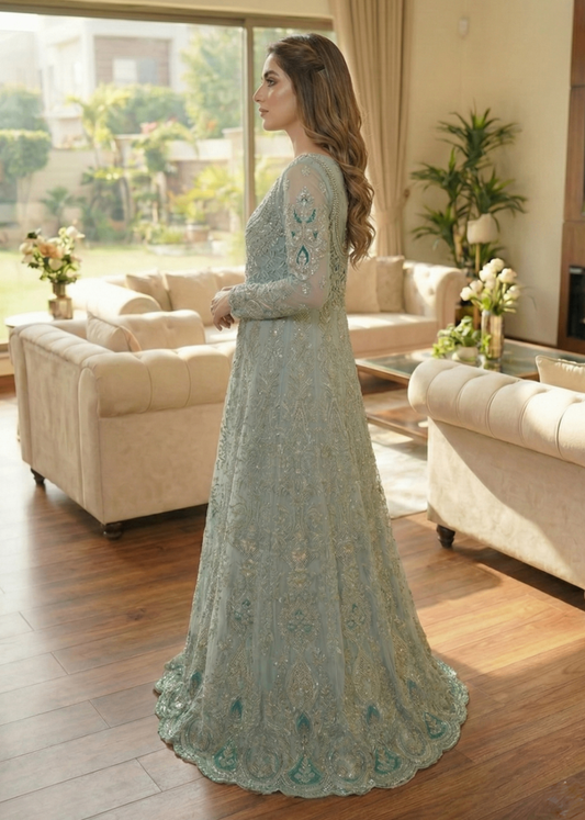 Frost Blue Embellished Organza Flared Top with Dupatta Online in Sri Lanka India Australia