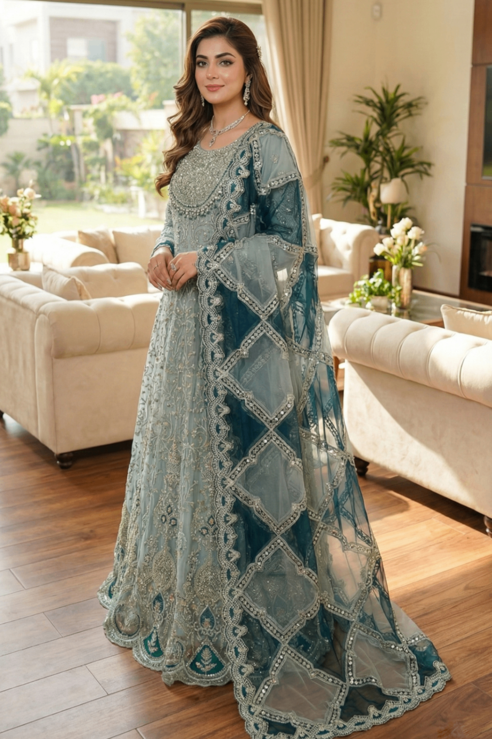 Frost Blue Hand Embellished Organza Maxi Suit Online in Dubai UAE Abudhabi Ajman Sharjah