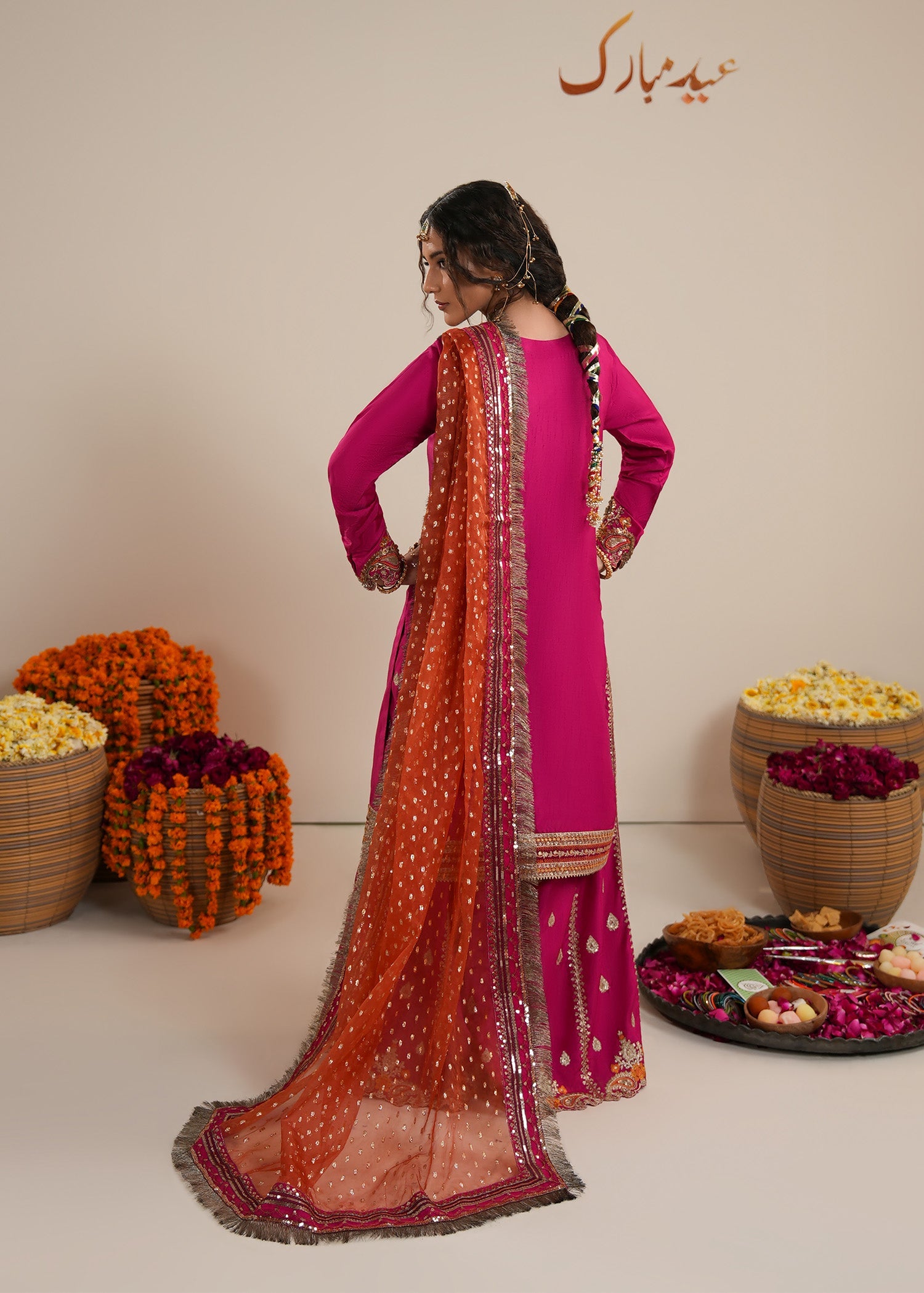 Fuchsia Embellished Organza Dupatta Sharara Online in Dubai DXB UAE Abudhabi Meena Bazaar