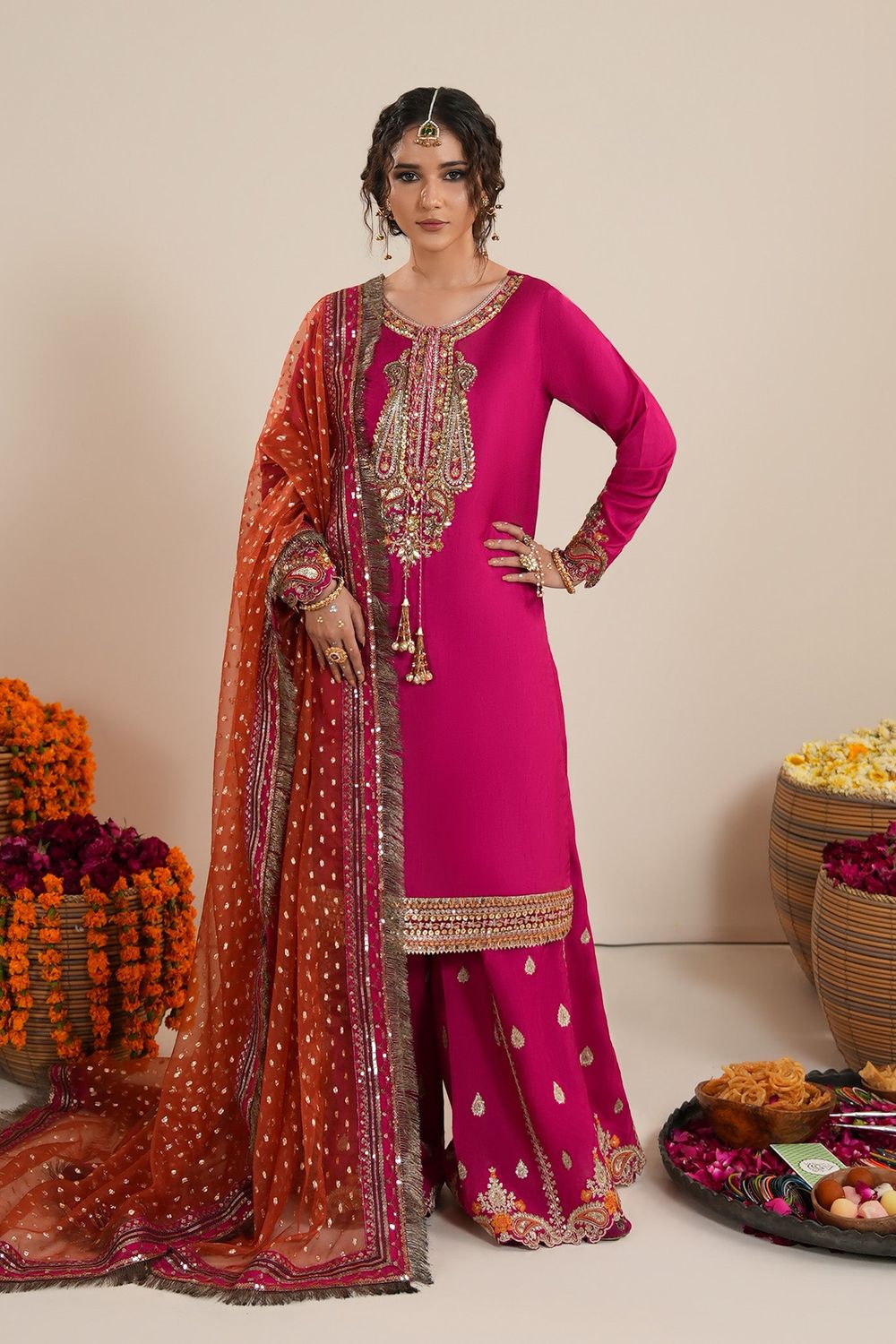 Fuchsia Embellished Raw Silk Sharara Suit Online in Dubai UAE Abudhabi Ajman Sharjah
