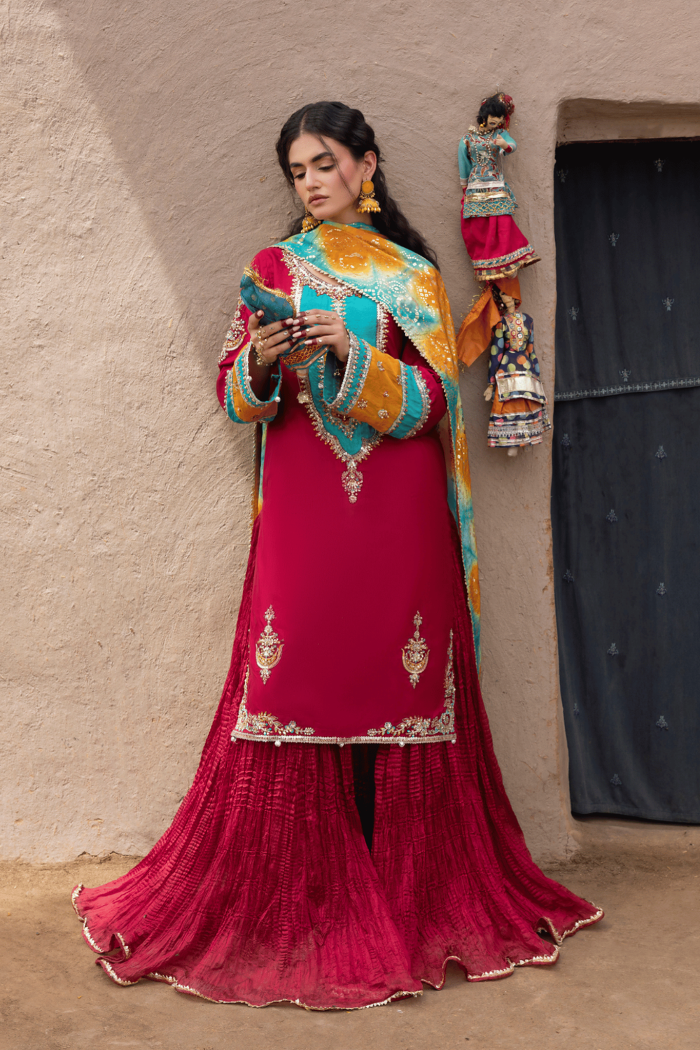 Fuchsia Embroidered Raw Silk Sharara Gharara Online in Dubai UAE Abudhabi Ajman Sharjah