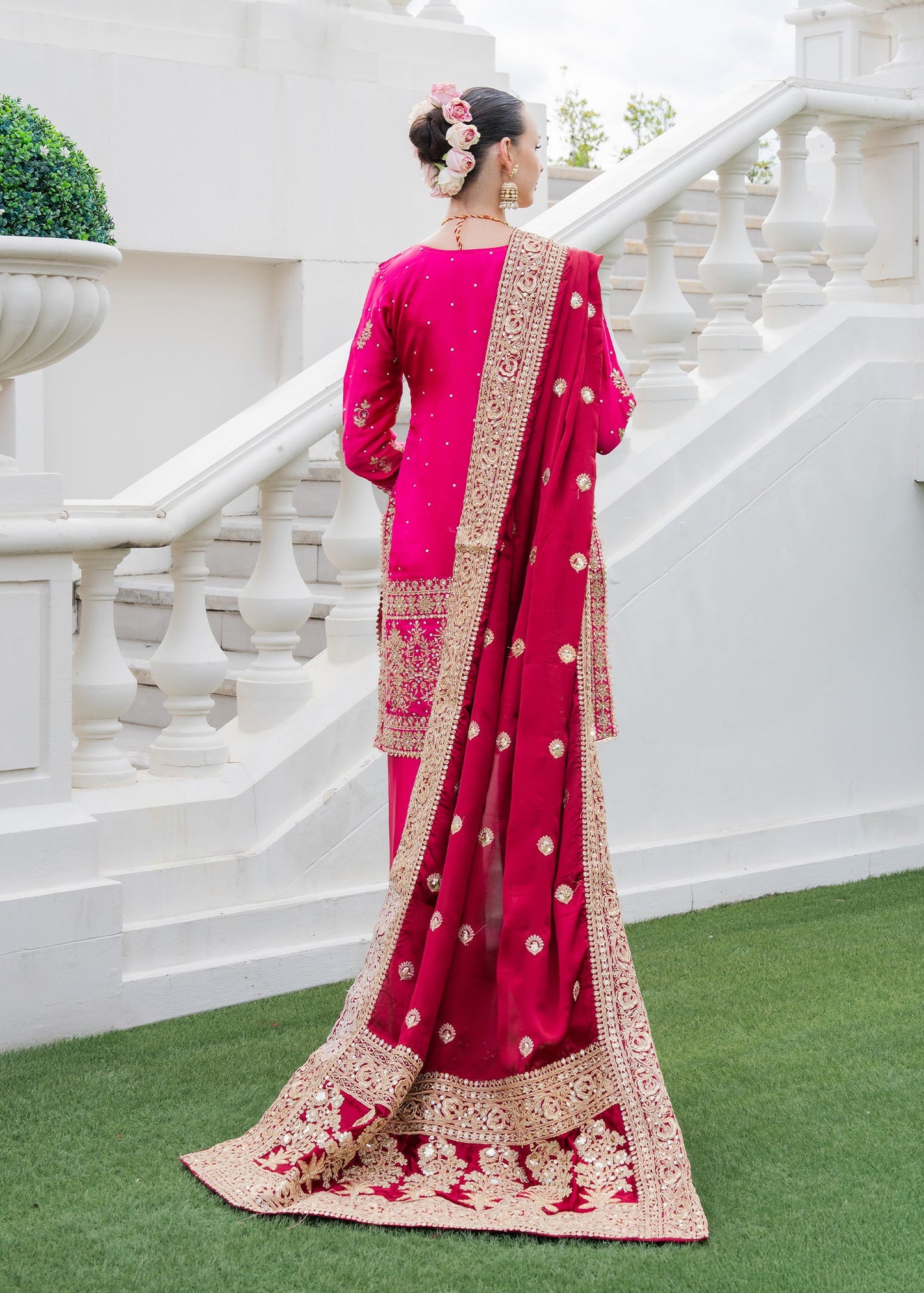 Fuchsia Gold Embellished Charmuse Pakistani Outfit Online in Dubai DXB UAE Abudhabi Meena Bazaar