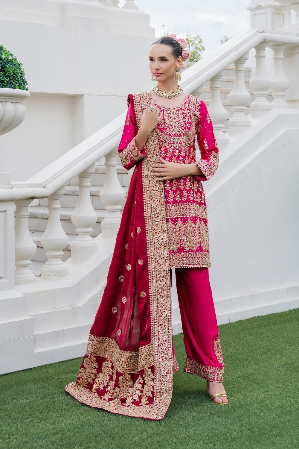 Fuchsia Gold Embroidered Charmuse Festive Suit Online in Dubai UAE Abudhabi Ajman Sharjah