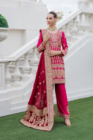 Fuchsia Gold Embroidered Charmuse Festive Suit Online in Dubai UAE Abudhabi Ajman Sharjah
