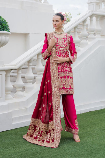 Fuchsia Gold Embroidered Charmuse Festive Suit Online in Dubai UAE Abudhabi Ajman Sharjah