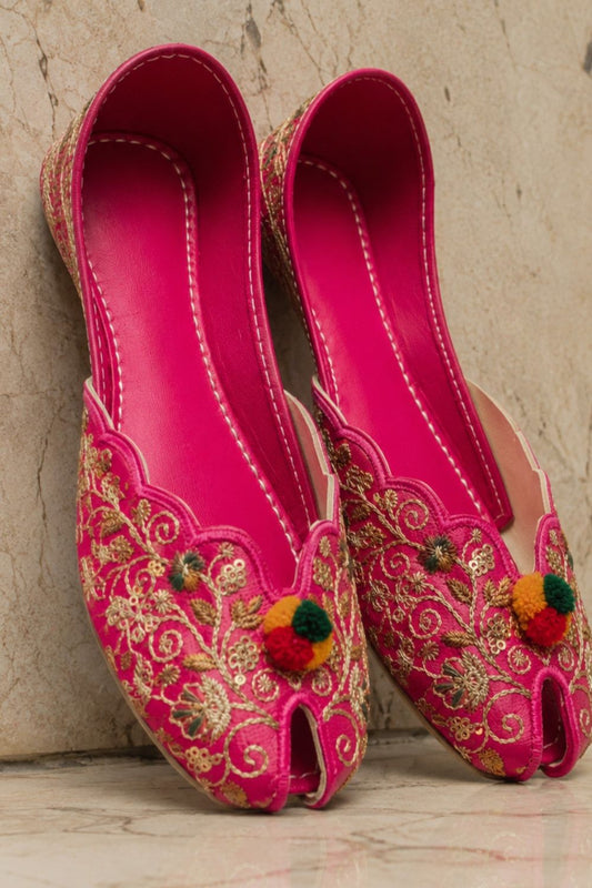 Fuchsia Pink Embroidered Khussa with Golden Floral Work Online in Dubai UAE Abudhabi Ajman Sharjah