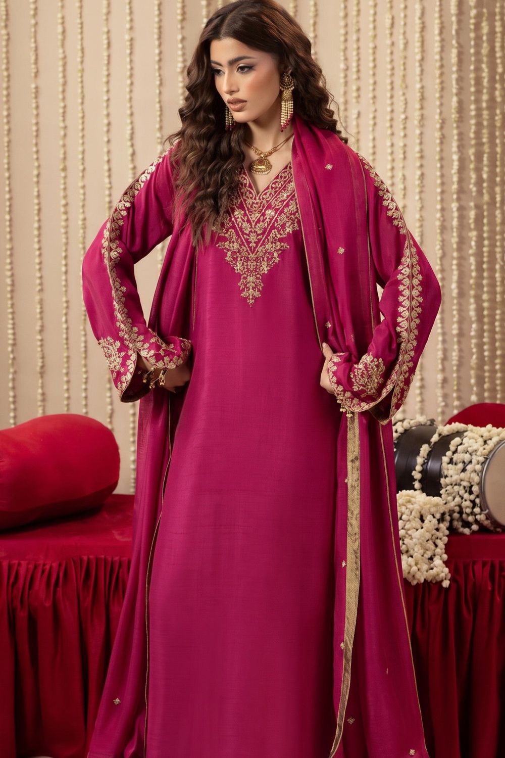 Fuchsia Pink Embroidered Silk Kaftan with Trousers Online in Dubai UAE Abudhabi Ajman Sharjah