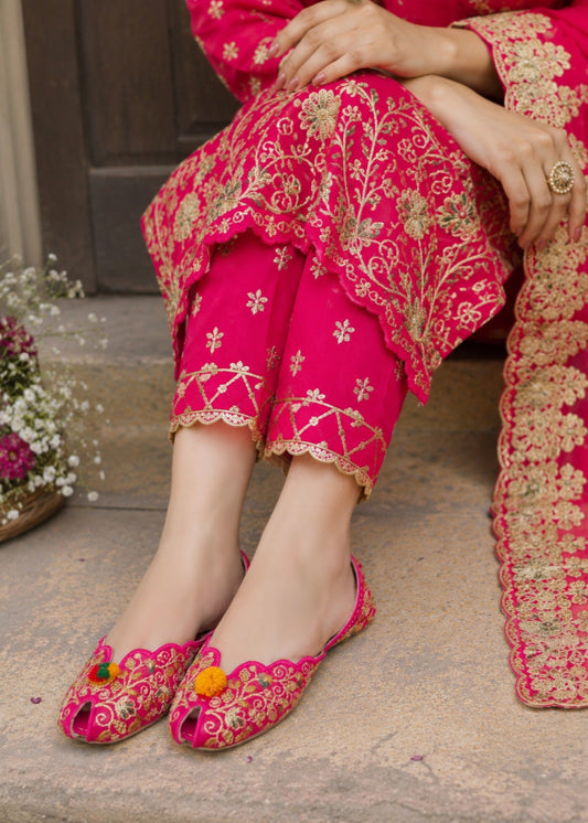 Fuchsia Pink Khussa with Golden Embroidery and Tassels Online in Dubai DXB UAE Abudhabi Meena Bazaar