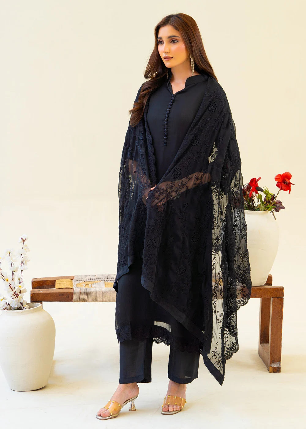 Full Black Chiffon Partywear Suit with Chikankari Embroidered Dupatta