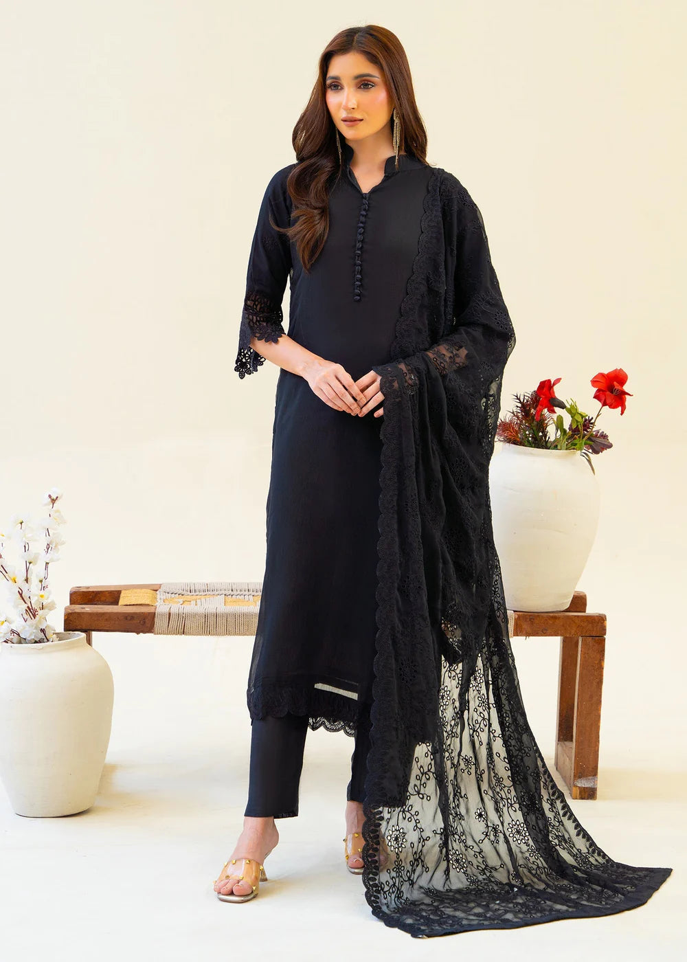 Full Black Chiffon Partywear Suit with Chikankari Embroidered Dupatta
