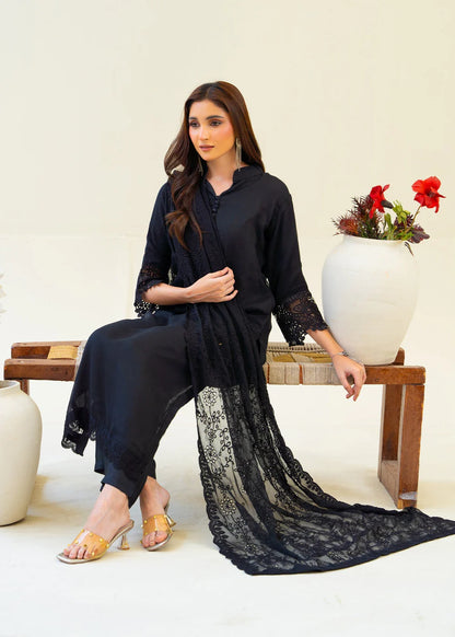 Full Black Chiffon Partywear Suit with Chikankari Embroidered Dupatta