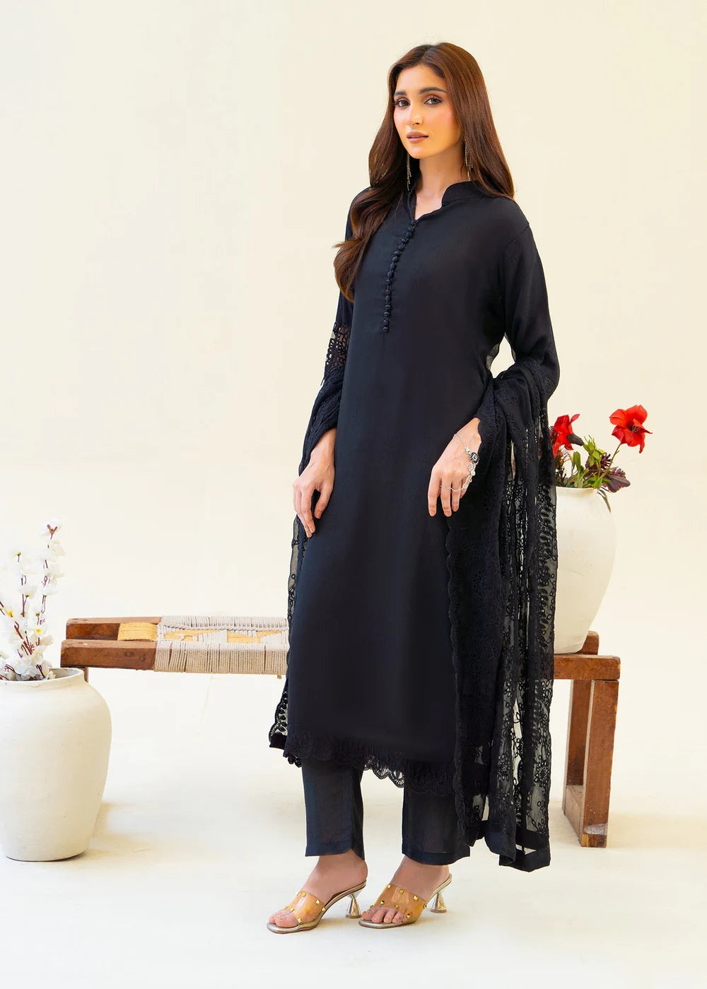 Full Black Chiffon Partywear Suit with Chikankari Embroidered Dupatta