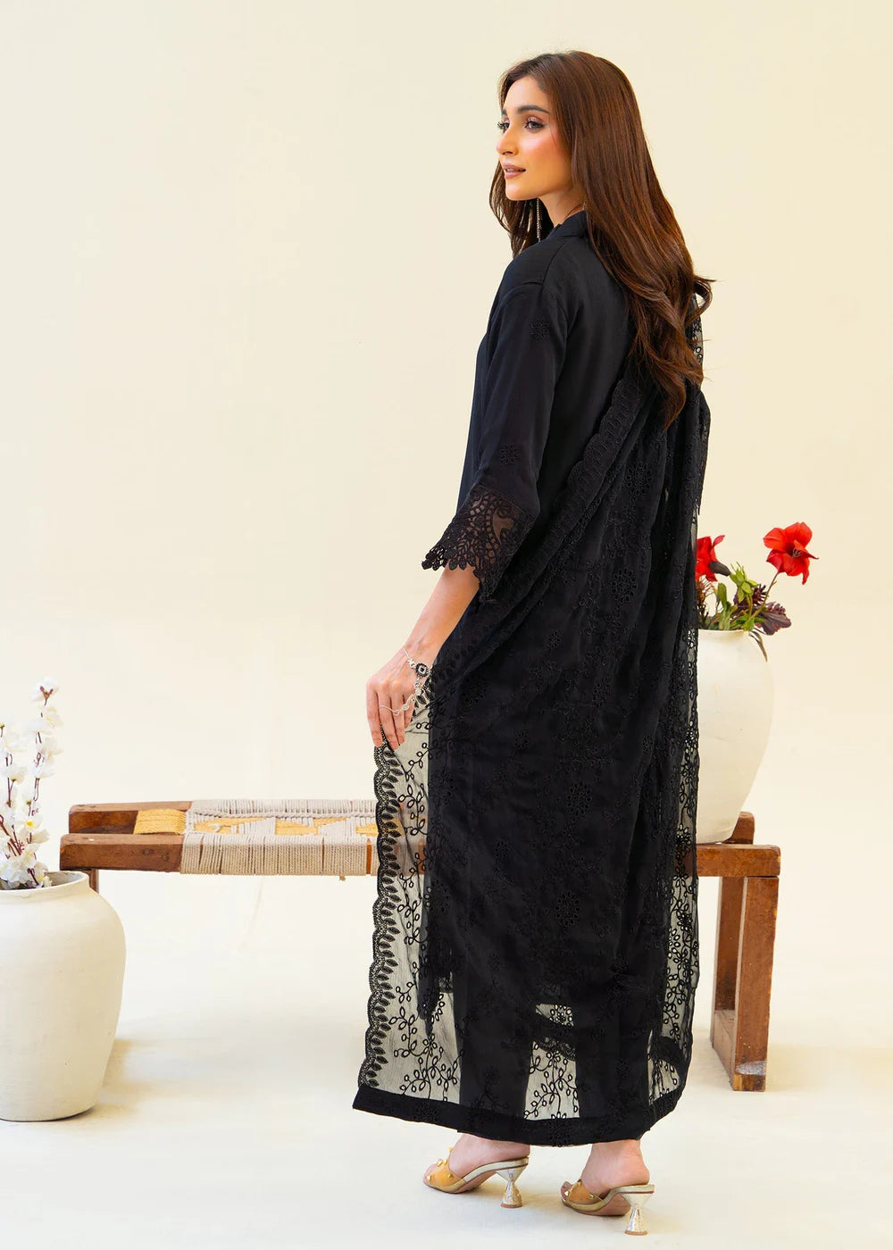 Full Black Chiffon Partywear Suit with Chikankari Embroidered Dupatta