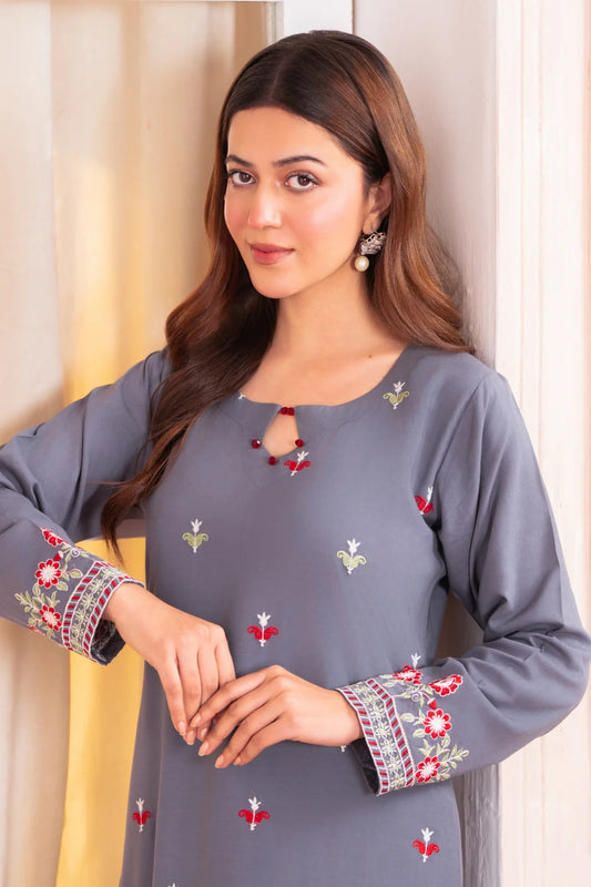 Grey Linen Embroidered Kurta Set