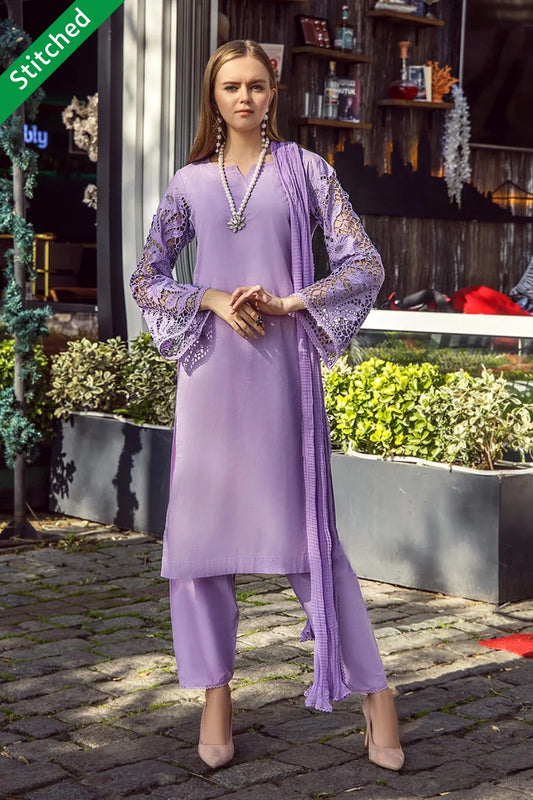 Purple Readymade Pure Cotton Suit with Cut-Work Sleeves