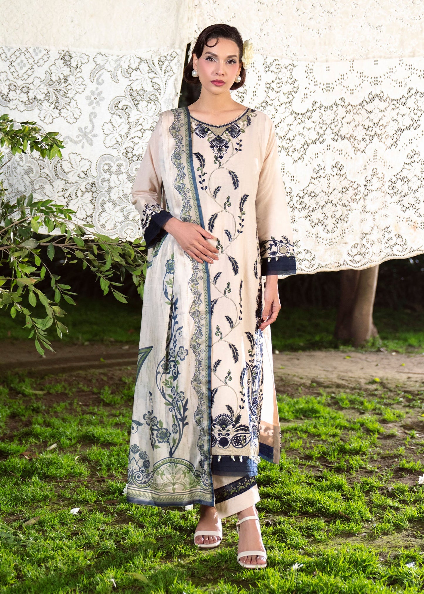Geometric Embroidered Beige Lawn Dress Material Online in Sri Lanka India Australia