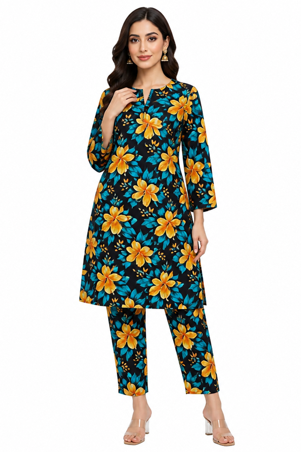 Geometric Floral Printed AirJet Lawn Suit Online in Dubai UAE Abudhabi Ajman Sharjah
