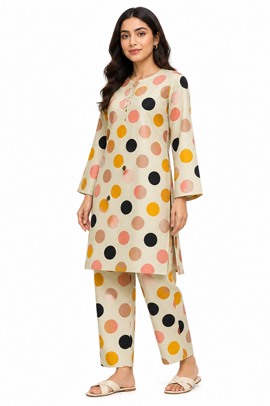 Geometric Polka Dot Printed AirJet Lawn Suit Online in Dubai UAE Abudhabi Ajman Sharjah