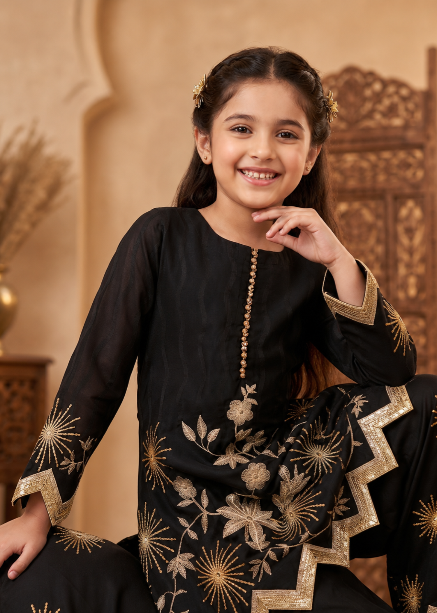 Girls Black Cotton Embroidered Salwar Kameez Online in KSA Riyadh Saudi Arabia Oman Bahrain Qatar