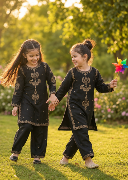 Girls Black Cotton Embroidered Salwar Kameez Online in KSA Riyadh Saudi Arabia Oman Bahrain Qatar