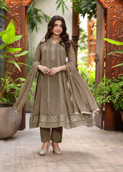 Girls Camel Brown Chiffon Party Wear Suit Online in UK USA Canada