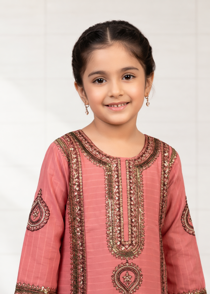 Girls Cotton Embroidered Peach Kurta Suit Online in KSA Riyadh Saudi Arabia Oman Bahrain Qatar
