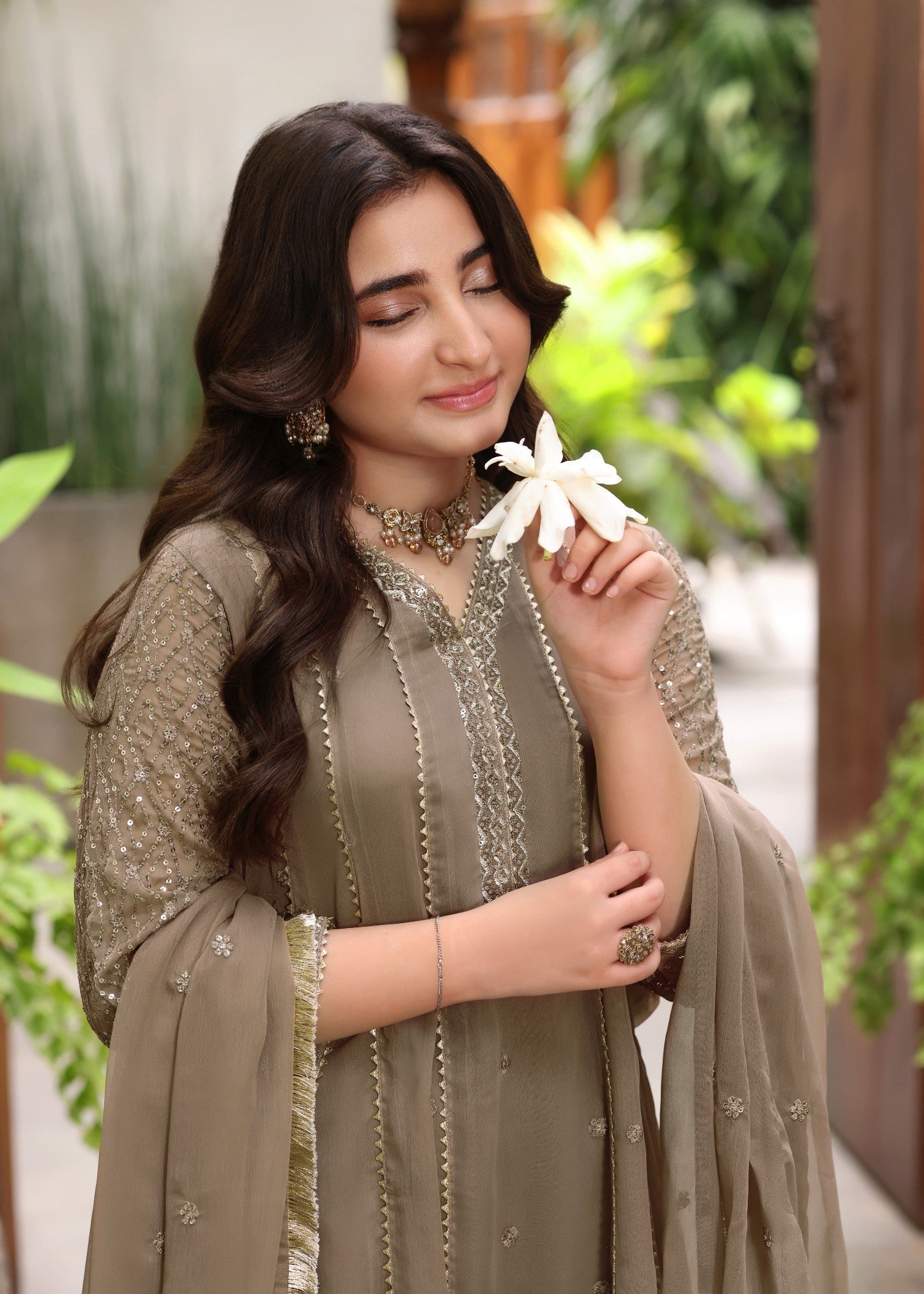 Girls Embroidered Camel Brown Chiffon Flared Pishwas Online in KSA Riyadh Saudi Arabia Oman Bahrain Qatar