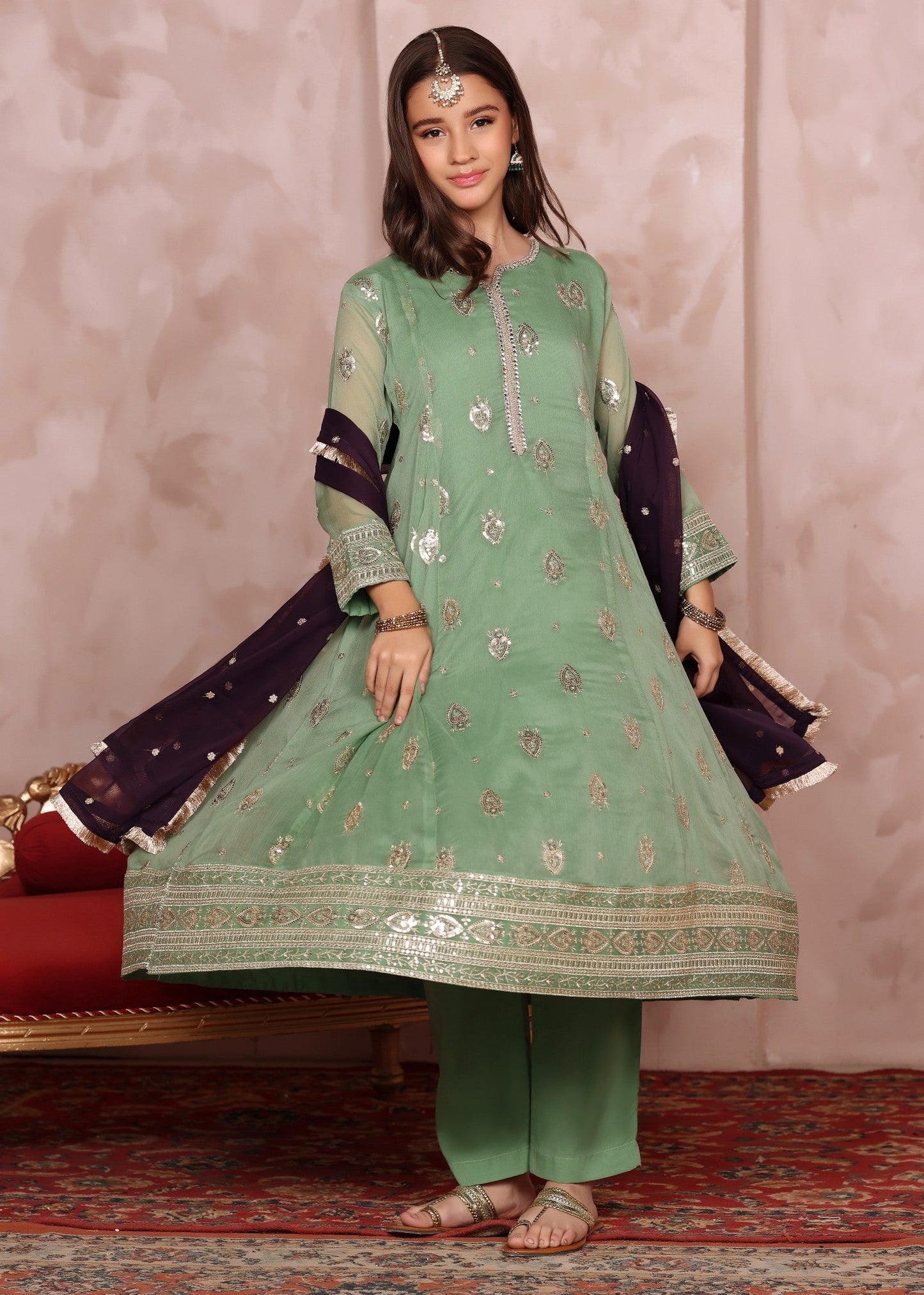 Girls Embroidered Chiffon Straight Trouser Suit Online in KSA Riyadh Saudi Arabia Oman Bahrain Qatar