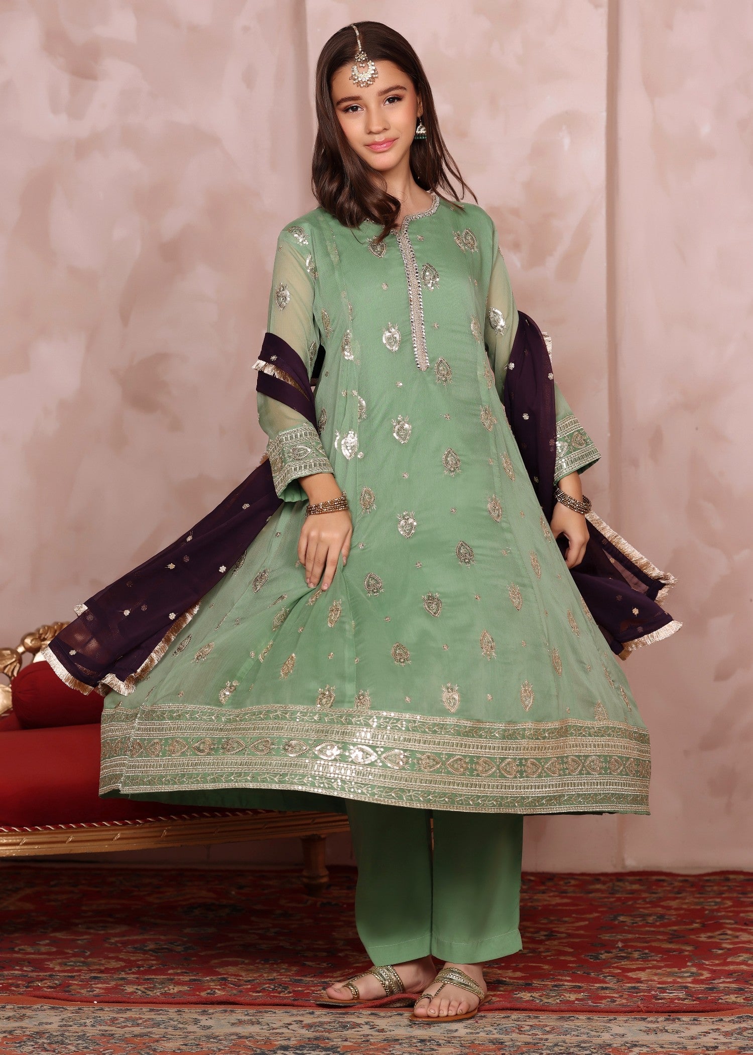 Girls Embroidered Chiffon Straight Trouser Suit Online in KSA Riyadh Saudi Arabia Oman Bahrain Qatar