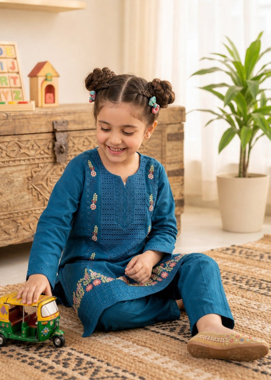 Girls Embroidered Cotton Salwar Kameez Set Online in KSA Riyadh Saudi Arabia Oman Bahrain Qatar