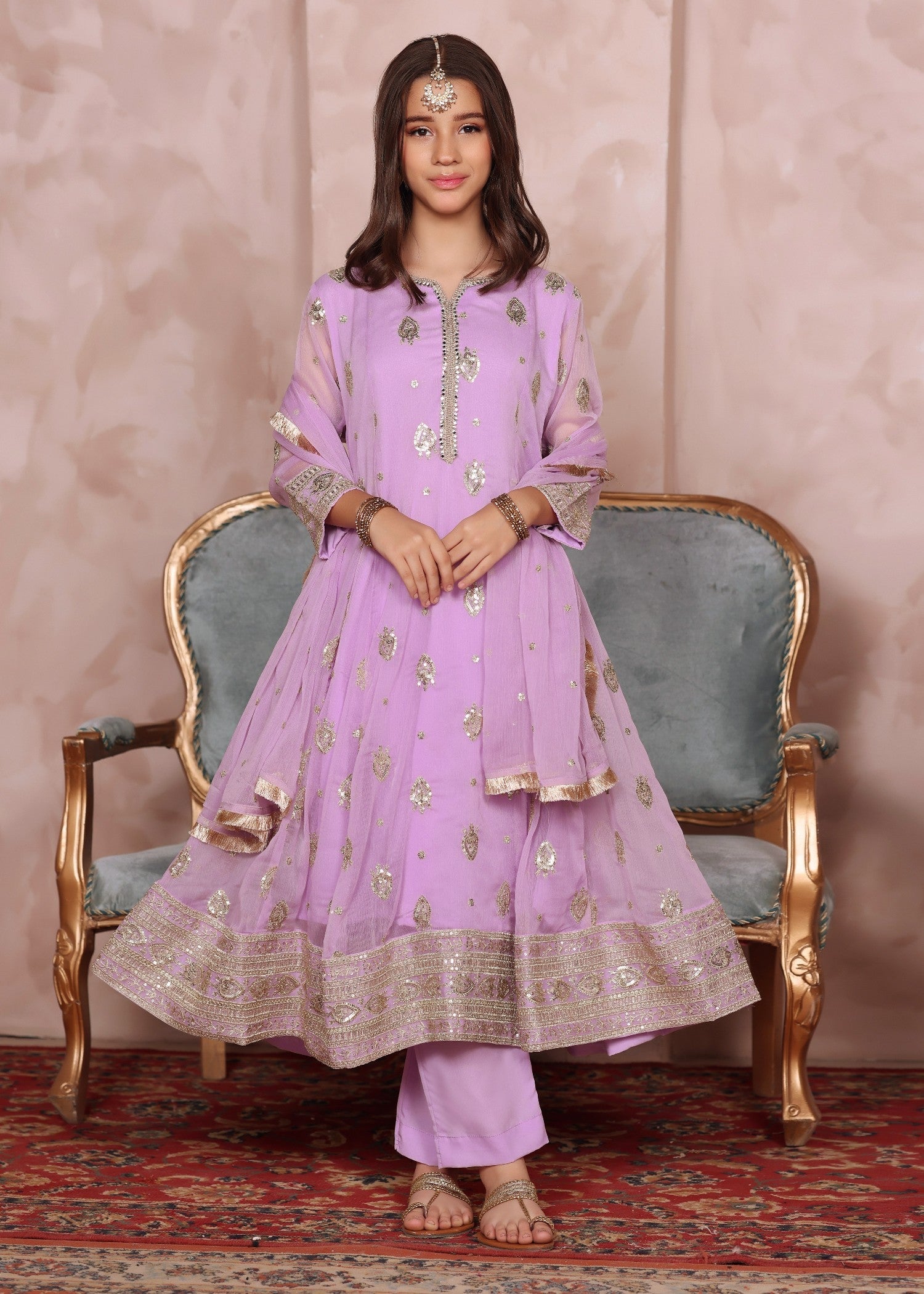 Girls Embroidered Lilac Chiffon Festive Wear Suit Online in Dubai DXB UAE Abudhabi Meena Bazaar