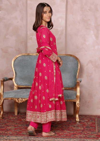 Girls Embroidered Vivid Pink Chiffon Pishwas Set Online in UK USA Canada