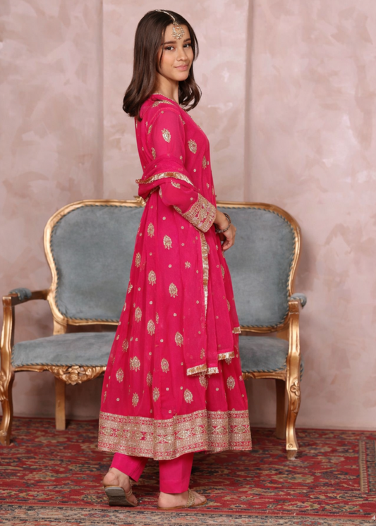 Girls Embroidered Vivid Pink Chiffon Pishwas Set Online in UK USA Canada