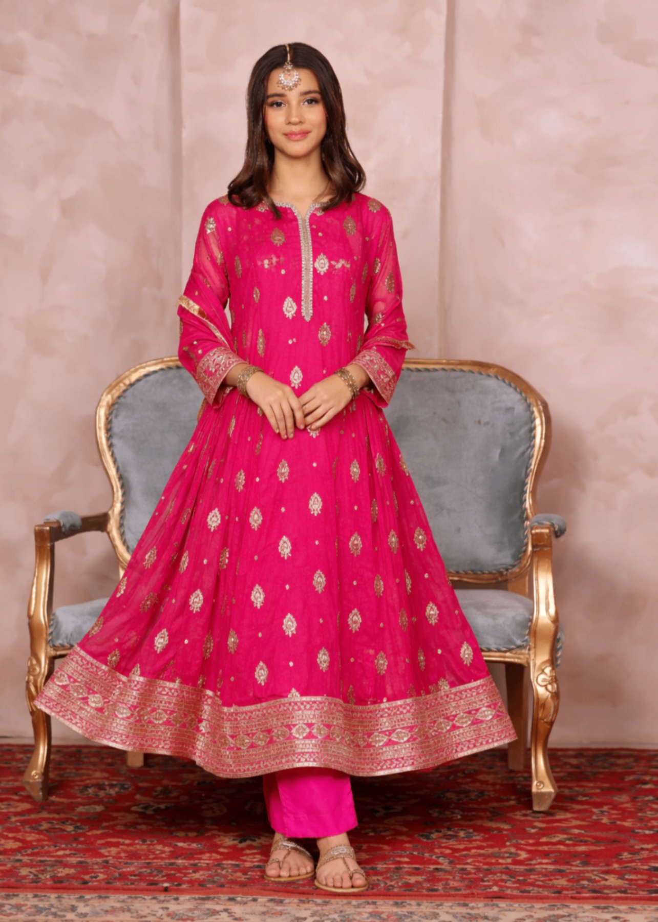 Girls Flared Pishwas Embroidered Chiffon Suit Online in KSA Riyadh Saudi Arabia Oman Bahrain Qatar