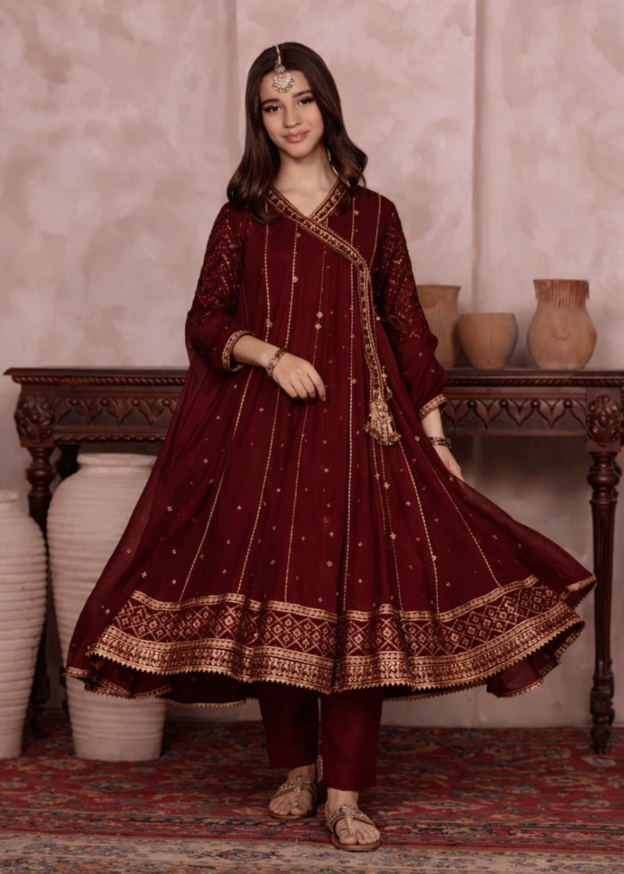Girls Maroon Embroidered Chiffon Festive Wear Suit Online in UK USA Canada