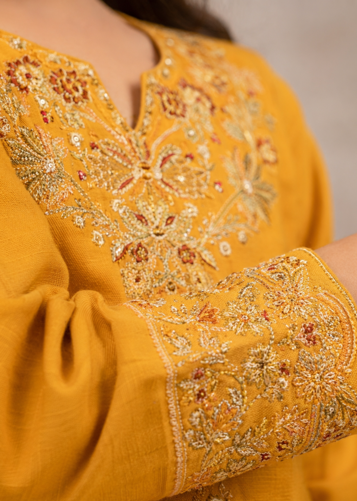 Girls Mustard Cotton Embroidered Suit Online in KSA Riyadh Saudi Arabia Oman Bahrain Qatar