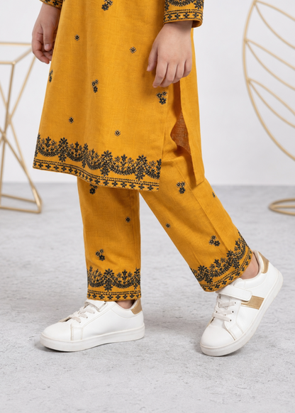 Girls Mustard Embroidered Cotton Pakistani Suit Online in KSA Riyadh Saudi Arabia Oman Bahrain Qatar
