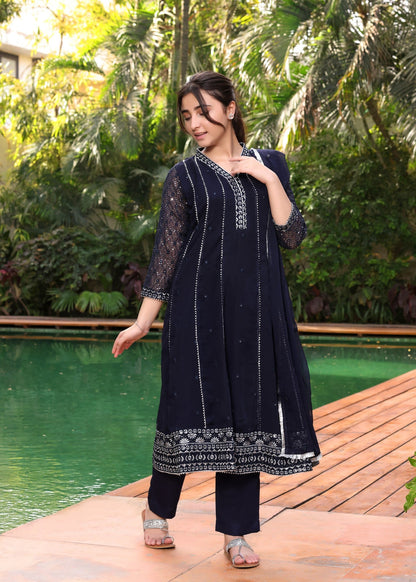 Girls Navy Blue Embroidered Chiffon Festive Wear Online in Dubai UAE Abudhabi Ajman Sharjah