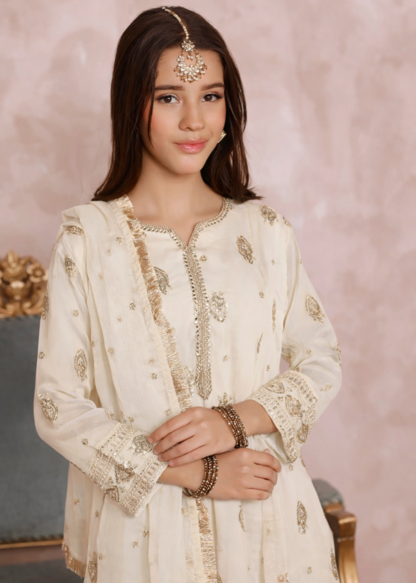 Girls Off White Chiffon Partywear Suit Online in UK USA Canada